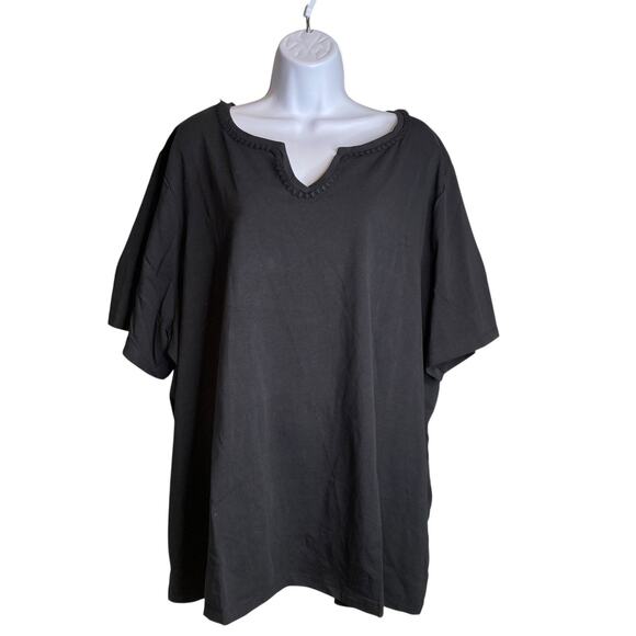 Catherine's Women's Black V Neck Short Sleeve Top Size 3X Scalloped Split Neck - Picture 1 of 11